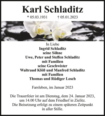 Traueranzeige von Karl Schladitz  von Magdeburger Volksstimme