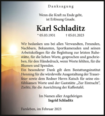 Traueranzeige von Karl Schladitz  von Magdeburger Volksstimme