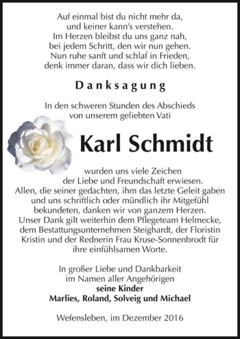 Traueranzeige von Karl Schmidt  von Magdeburger Volksstimme