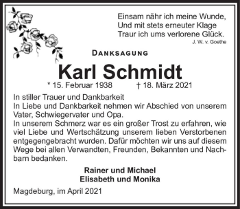 Traueranzeige von Karl Schmidt  von Magdeburger Volksstimme