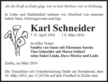 Traueranzeige von Karl Schneider  von Magdeburger Volksstimme