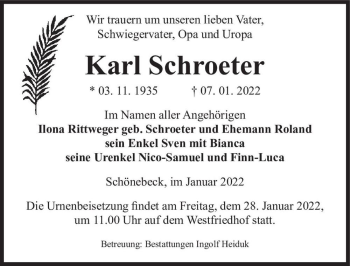Traueranzeige von Karl Schroeter  von Magdeburger Volksstimme