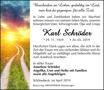 Traueranzeige von Karl Schröder  von Magdeburger Volksstimme