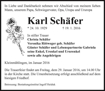 Traueranzeige von Karl Schäfer  von Magdeburger Volksstimme