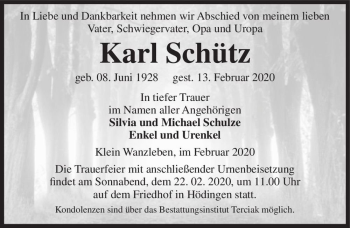 Traueranzeige von Karl Schütz  von Magdeburger Volksstimme