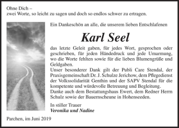 Traueranzeige von Karl Seel  von Magdeburger Volksstimme