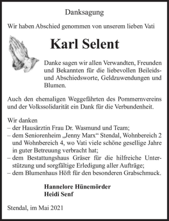 Traueranzeige von Karl Selent  von Magdeburger Volksstimme