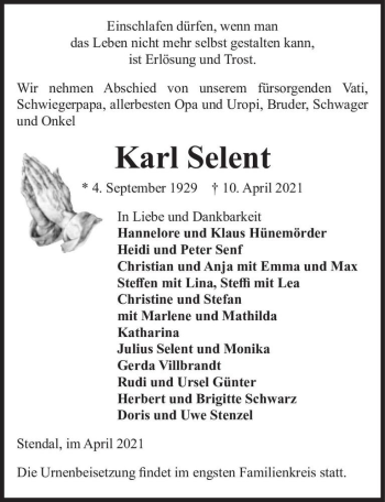 Traueranzeige von Karl Selent  von Magdeburger Volksstimme
