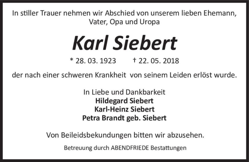  Traueranzeige für Karl Siebert  vom 02.06.2018 aus Magdeburger Volksstimme