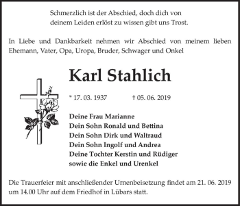 Traueranzeige von Karl Stahlich  von Magdeburger Volksstimme