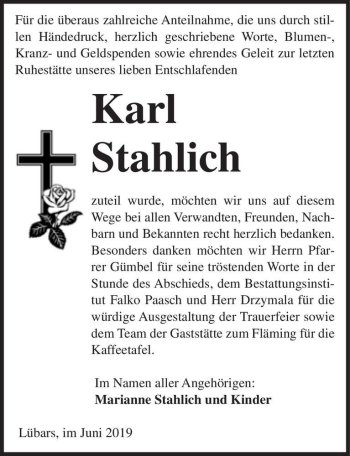 Traueranzeige von Karl Stahlich  von Magdeburger Volksstimme
