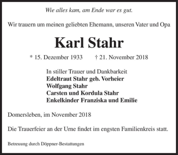 Traueranzeige von Karl Stahr  von Magdeburger Volksstimme