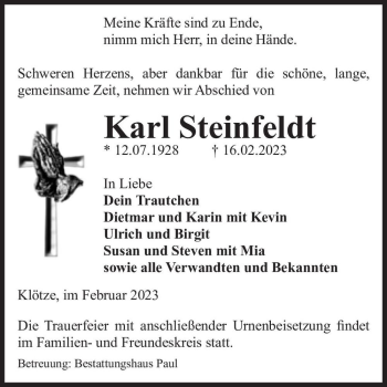 Traueranzeige von Karl Steinfeldt  von Magdeburger Volksstimme