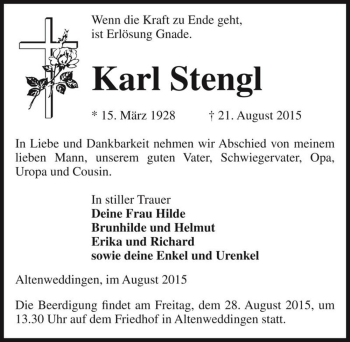 Traueranzeige von Karl Stengl  von Magdeburger Volksstimme