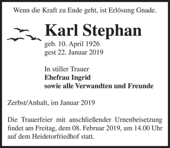 Traueranzeige von Karl Stephan  von Magdeburger Volksstimme