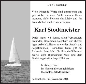 Traueranzeige von Karl Stodtmeister  von Magdeburger Volksstimme