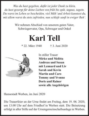 Traueranzeige von Karl Tell  von Magdeburger Volksstimme