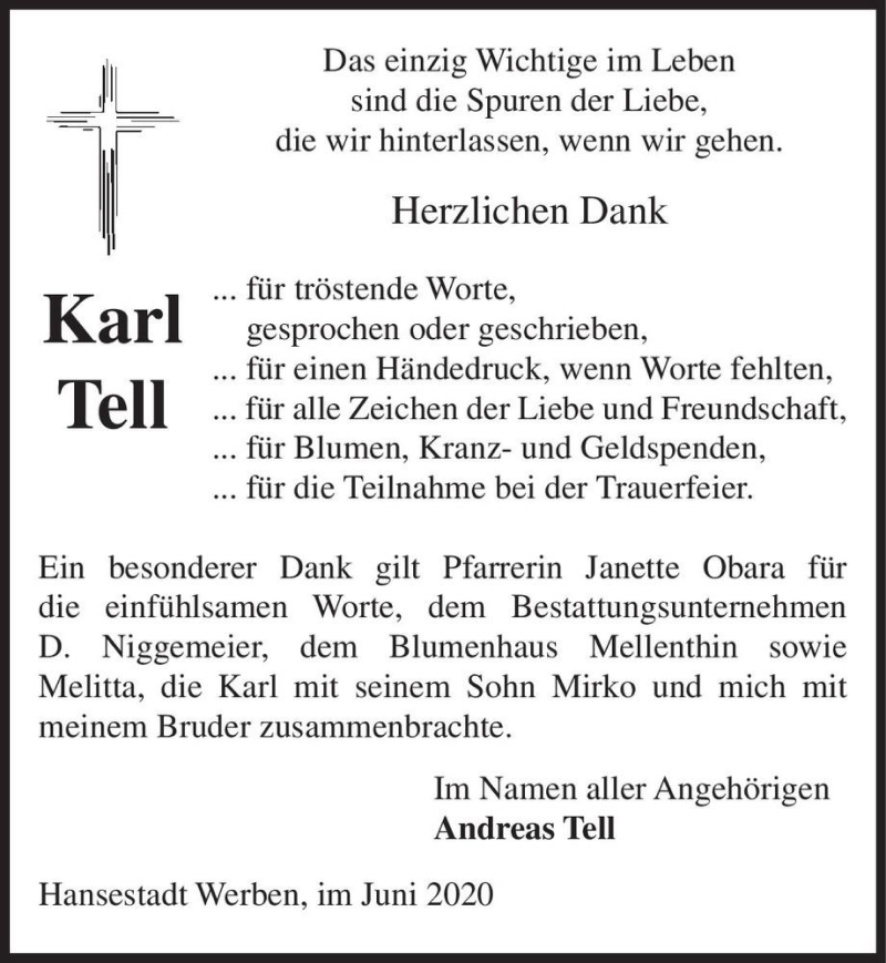  Traueranzeige für Karl Tell  vom 27.06.2020 aus Magdeburger Volksstimme