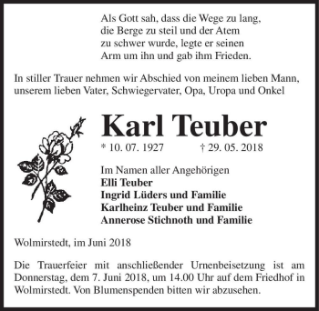 Traueranzeige von Karl Teuber  von Magdeburger Volksstimme