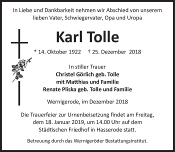 Traueranzeige von Karl Tolle  von Magdeburger Volksstimme