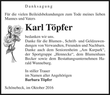 Traueranzeige von Karl Töpfer  von Magdeburger Volksstimme