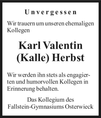 Traueranzeige von Karl Valentin (Kalle) Herbst  von Magdeburger Volksstimme