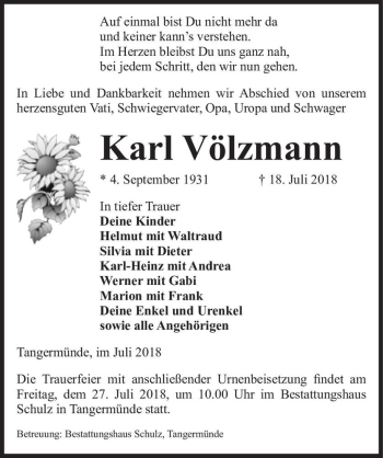 Traueranzeige von Karl Völzmann  von Magdeburger Volksstimme