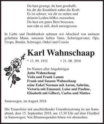 Traueranzeige von Karl Wahnschaap  von Magdeburger Volksstimme