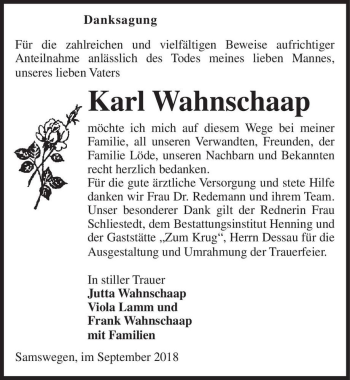 Traueranzeige von Karl Wahnschaap  von Magdeburger Volksstimme