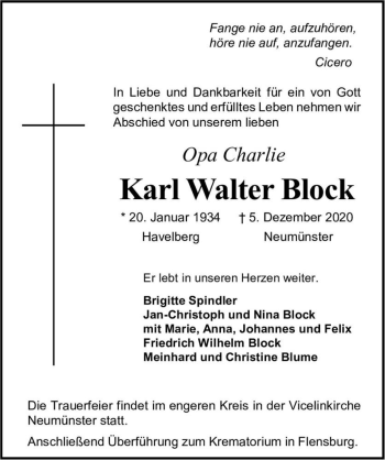 Traueranzeige von Karl Walter Block 