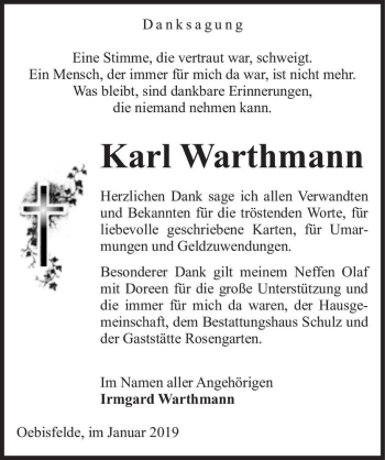 Traueranzeige von Karl Warthmann  von Magdeburger Volksstimme