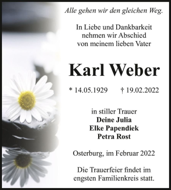 Traueranzeige von Karl Weber  von Magdeburger Volksstimme