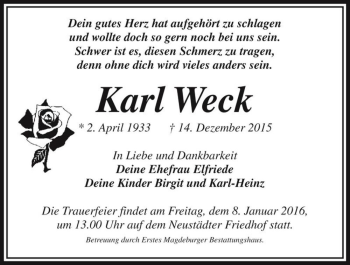 Traueranzeige von Karl Weck  von Magdeburger Volksstimme