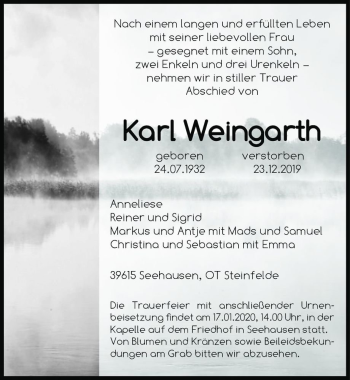 Traueranzeige von Karl Weingarth  von Magdeburger Volksstimme