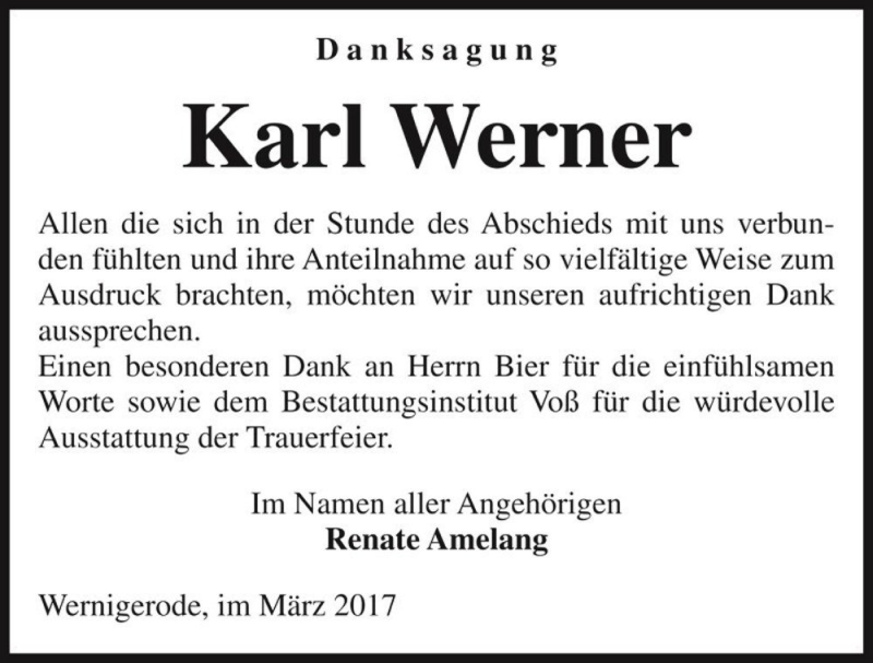  Traueranzeige für Karl Werner  vom 17.03.2017 aus Magdeburger Volksstimme