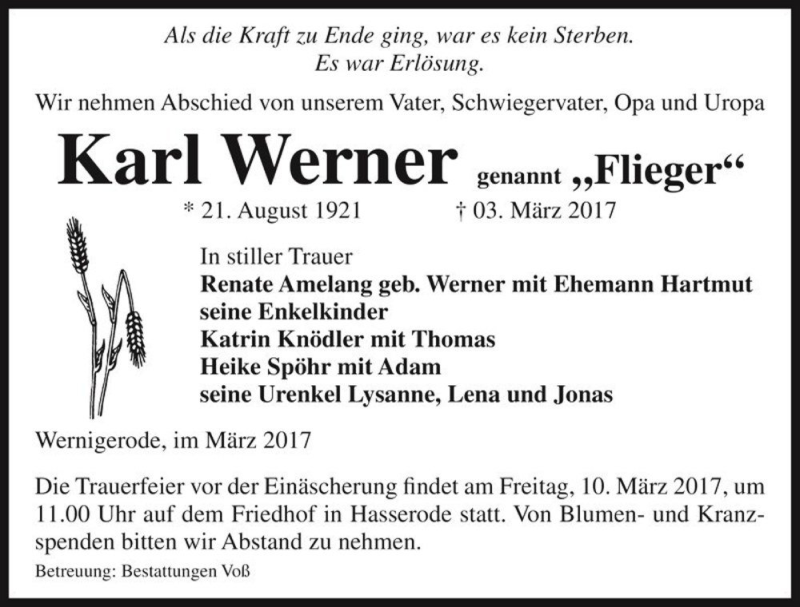  Traueranzeige für Karl Werner  vom 08.03.2017 aus Magdeburger Volksstimme