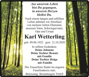 Traueranzeige von Karl Wetterling  von Magdeburger Volksstimme