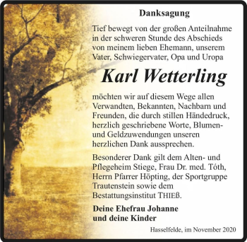 Traueranzeige von Karl Wetterling  von Magdeburger Volksstimme
