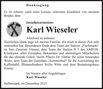Traueranzeige von Karl Wieseler  von Magdeburger Volksstimme