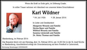 Traueranzeige von Karl Wildner  von Magdeburger Volksstimme