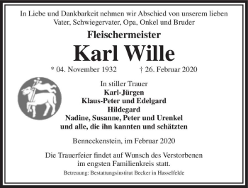 Traueranzeige von Karl Wille  von Magdeburger Volksstimme