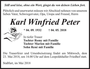 Traueranzeige von Karl Winfried Peter  von Magdeburger Volksstimme