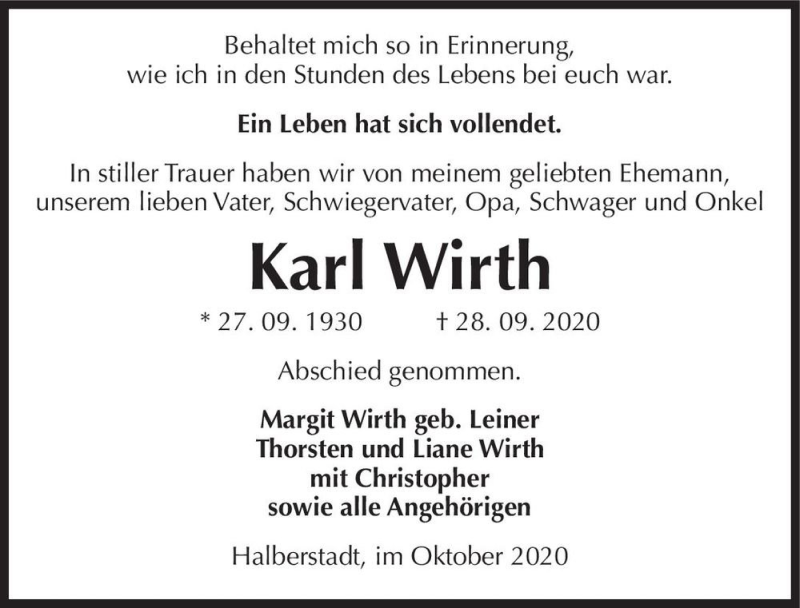  Traueranzeige für Karl Wirth  vom 30.10.2020 aus Magdeburger Volksstimme