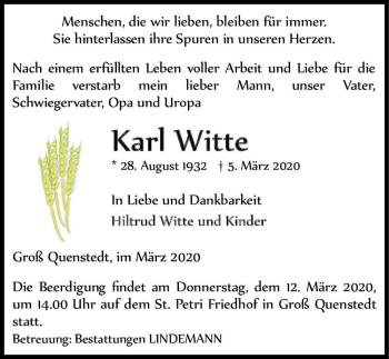Traueranzeige von Karl Witte  von Magdeburger Volksstimme