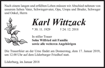 Traueranzeige von Karl Wittzack  von Magdeburger Volksstimme