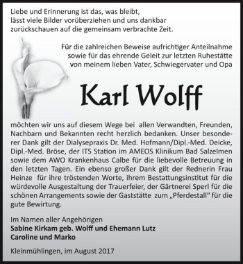 Traueranzeige von Karl Wolff  von Magdeburger Volksstimme