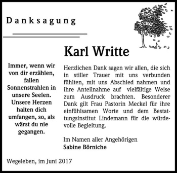 Traueranzeige von Karl Writte  von Magdeburger Volksstimme