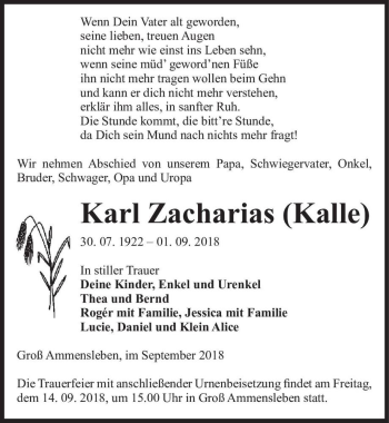 Traueranzeige von Karl Zacharias (Kalle)  von Magdeburger Volksstimme