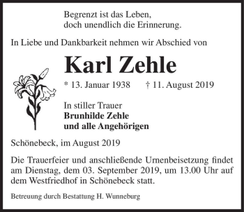 Traueranzeige von Karl Zehle  von Magdeburger Volksstimme