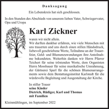 Traueranzeige von Karl Zickner  von Magdeburger Volksstimme